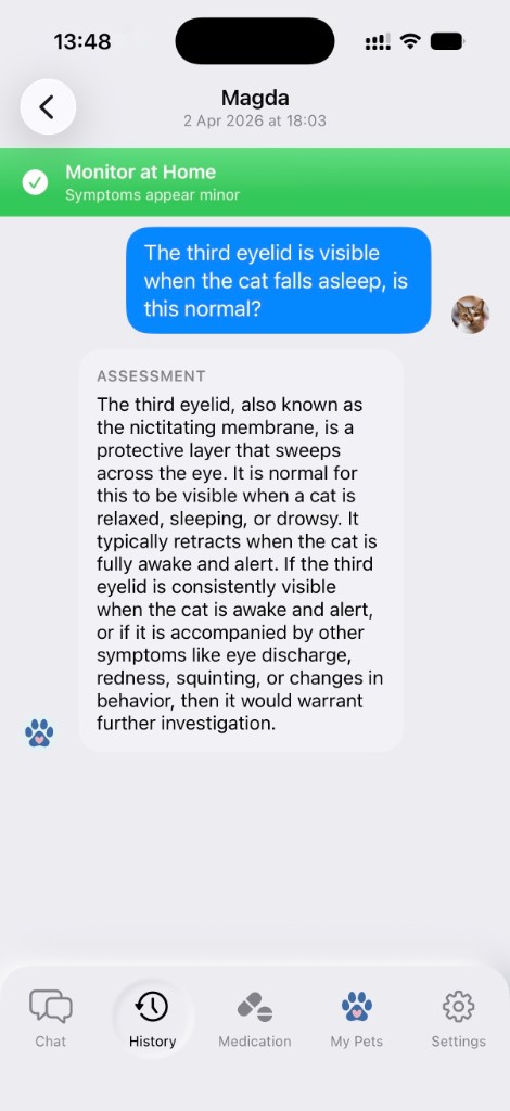 PetCare session history screen showing past health check conversations organized by date