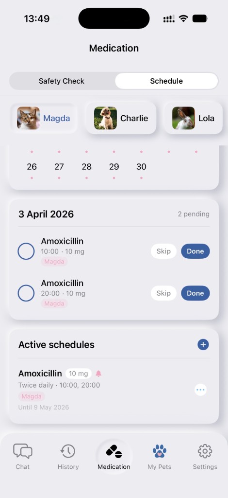 PetCare medication schedule screen showing daily medication tracking with dosage times and reminders