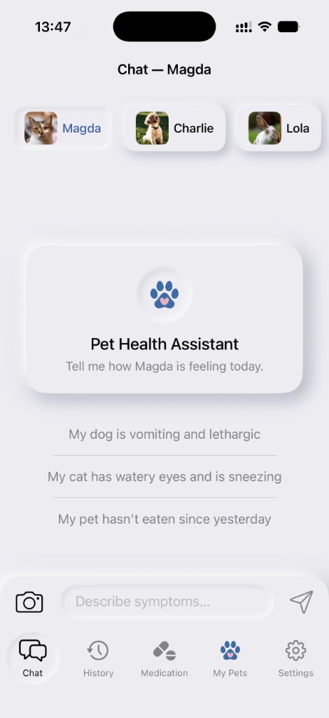PetCare AI chat screen showing a pet symptom assessment conversation with urgency triage results